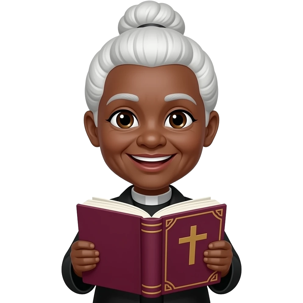 wise old woman with white hair in a bun black skin smile with burgundy book that has a cross on it emoji