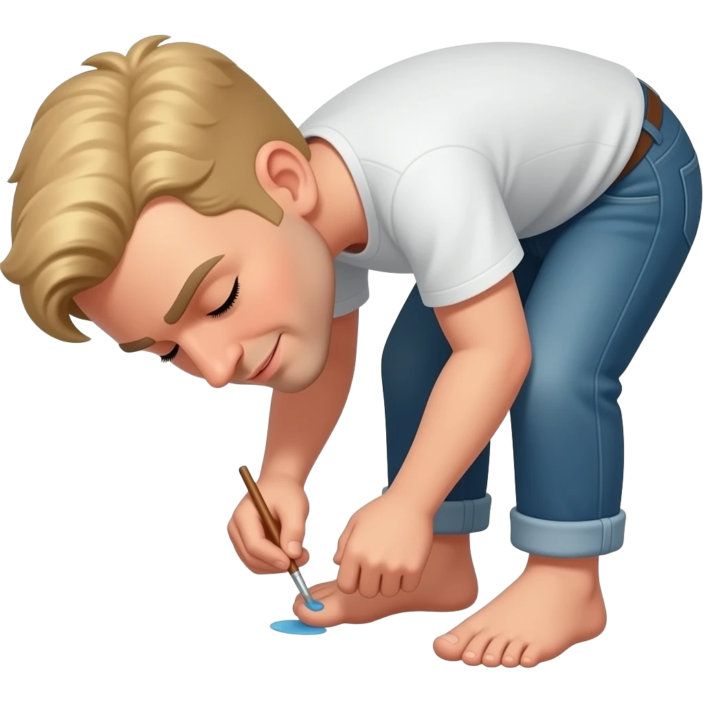 Blonde man with closed eyes bowed, painting toes with his mouth emoji