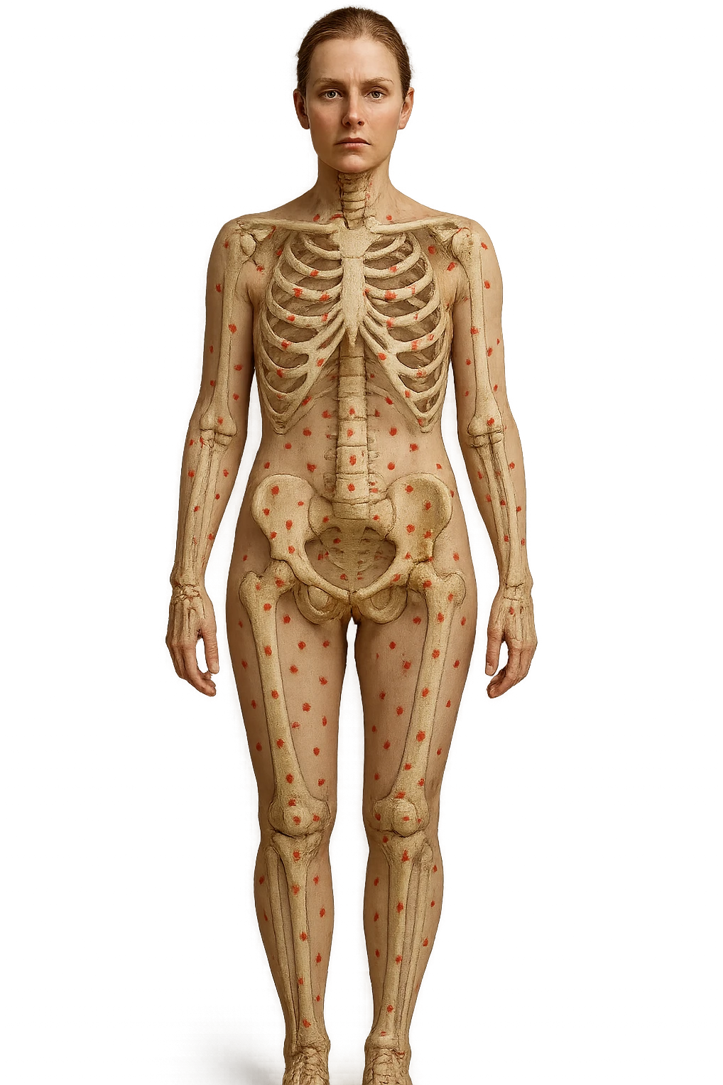 donna realistica a figura intera con red spot sparsi alle ossa, ossa del corpo visibili sul corpo, non sul volto iperrealistico 4k emoji