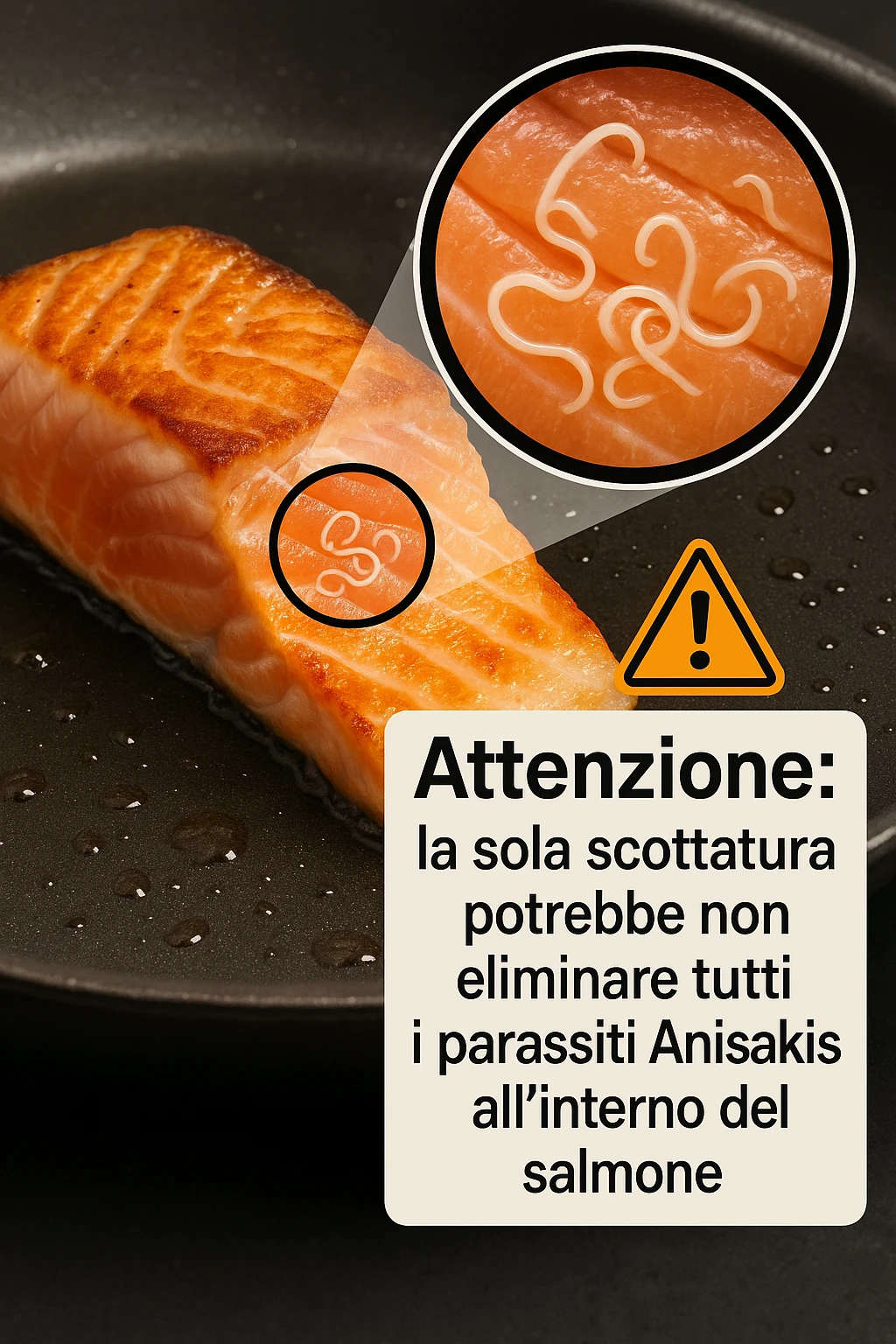 a close-up of a salmon fillet being lightly seared in a hot pan, with the outer layer cooked but the inside still raw. An inset magnifies the interior, showing visible Anisakis parasites surviving in the uncooked portion. A warning icon and educational text explain that searing alone may not eliminate all parasites. in italiano emoji