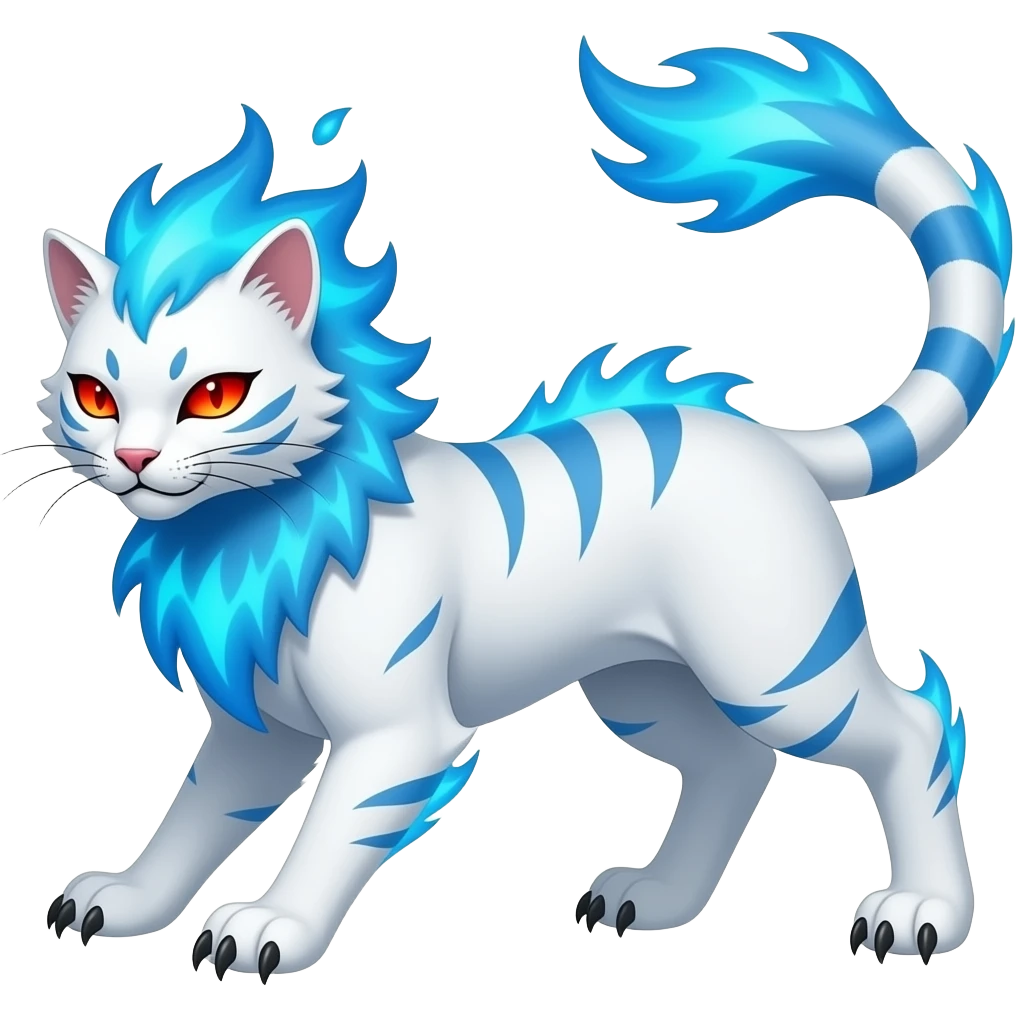 A sleek white feline with a mane of living blue fire, long claws, blue lava spikes on its back, blue lava stripes, and red flaming eyes that glow in darkness. It is proud, fast, and fiercely territorial. emoji