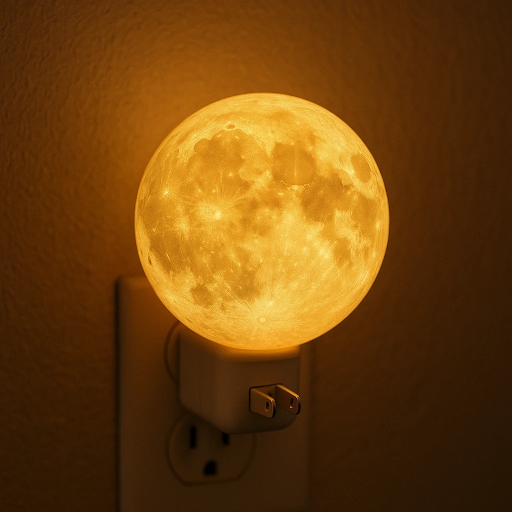 a moon-shaped nightlight with a visible plug, glowing softly, in a cozy style emoji