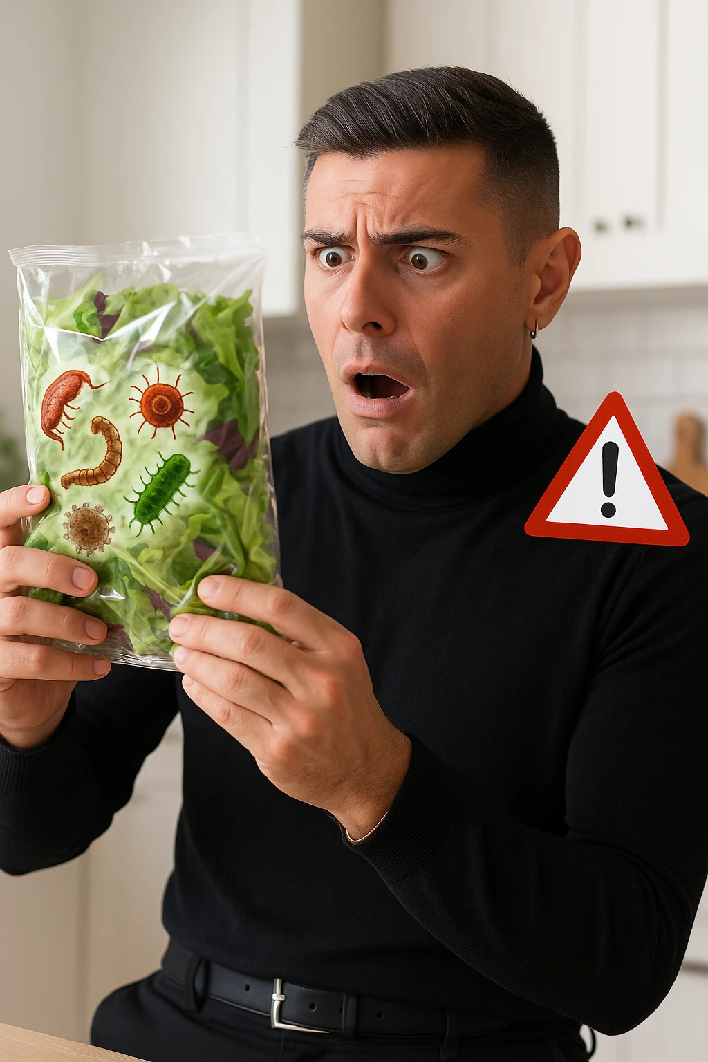 a man with a shocked expression holds a bag of salad greens up to the light. Through the clear plastic, enlarged and detailed images of various parasites and bacteria are visible among the leaves. A red warning triangle with an exclamation mark floats near the bag, emphasizing the health risk. The setting is a bright, everyday kitchen. emoji