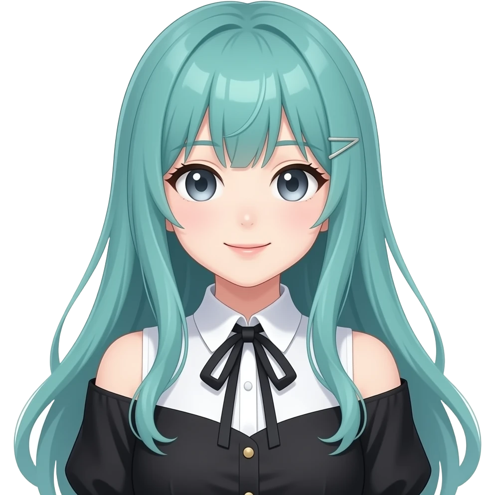anime girl,happy,  long flowing teal hair, grey eyes, black shoulder modern blouse with fancy white collar emoji