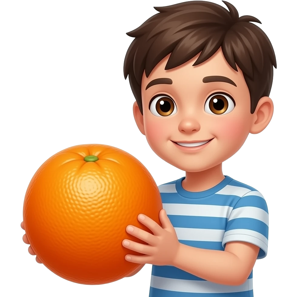 A boy holding an orange big ball emoji