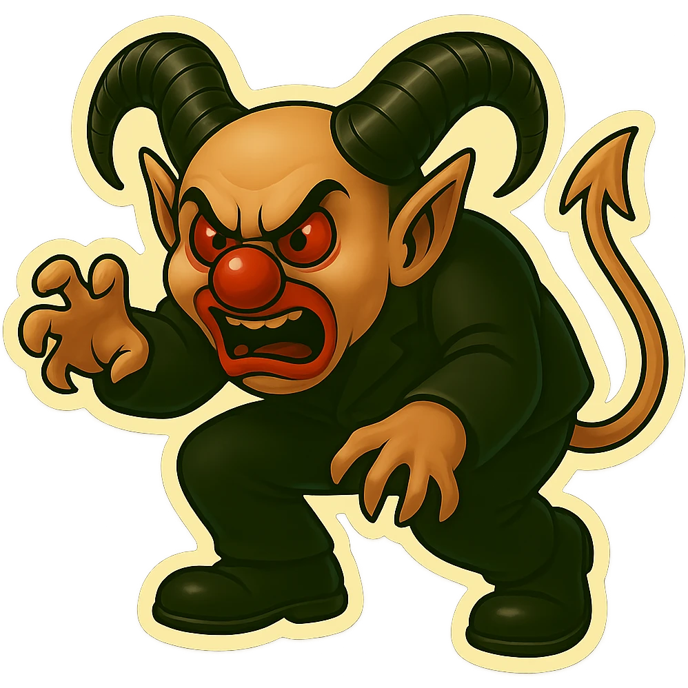 Evil clown wizard in retro sticker style, transparent background, wearing an all black suit, no pentagrams, using the face, horns, and tail from the reference image. Pose: crouched, ready to leap, clean modern sticker look. emoji