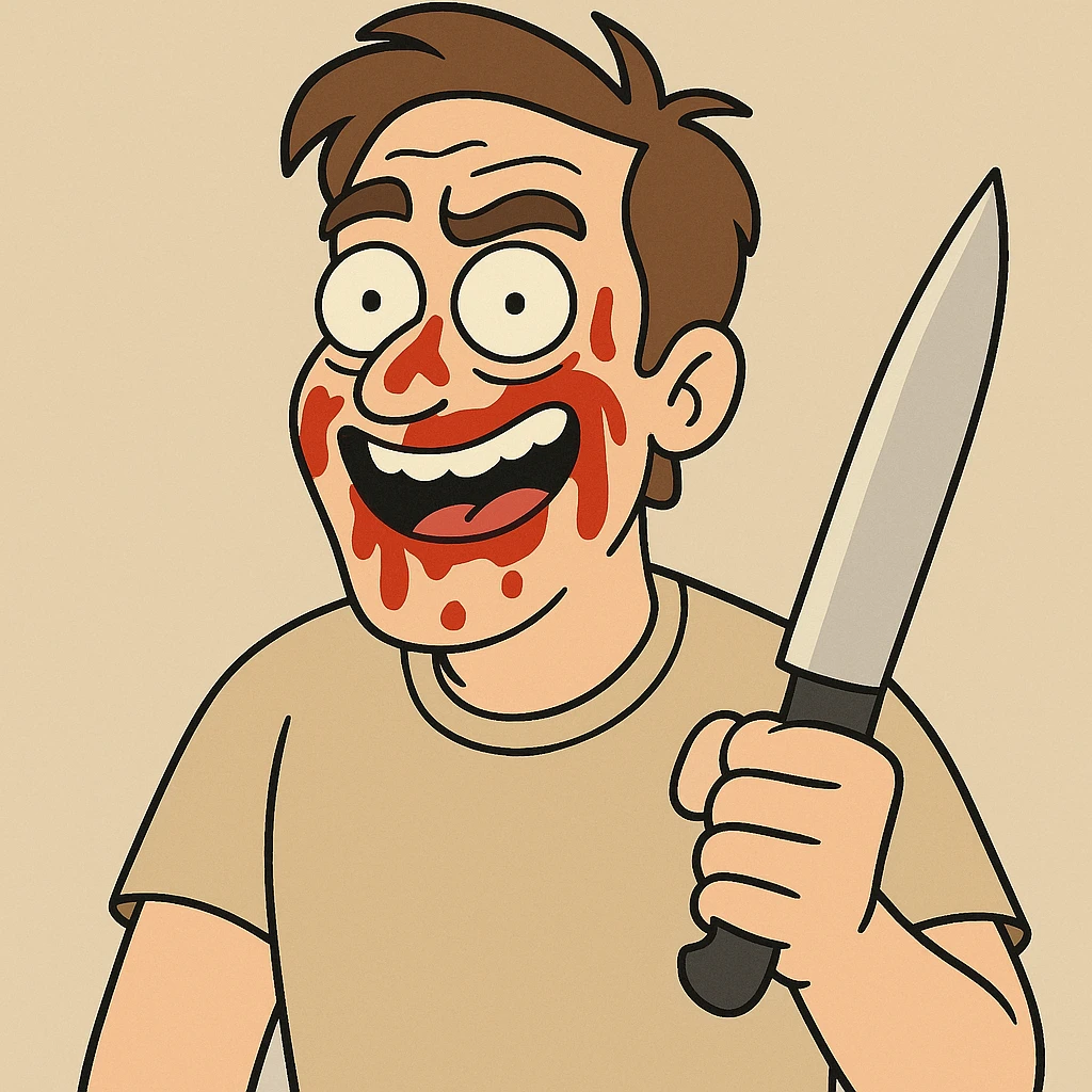 cartoon man holding a knife with ketchup smeared on his face, humorous and exaggerated, clear facial expression, no violence, neutral background emoji