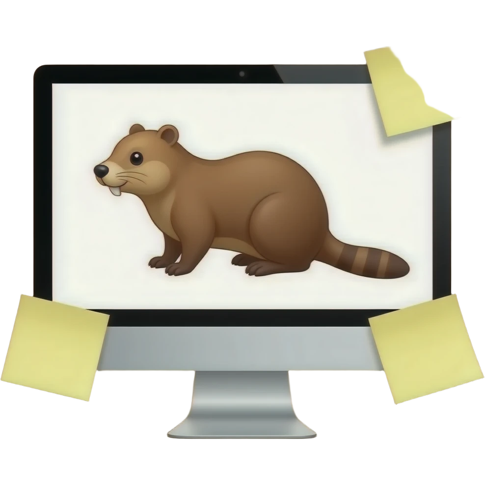 completely white computer monitor with only 2 soft yellow colored sticky notes randomly placed on the sides of it and a light brown background on the screen with a beaver on it emoji