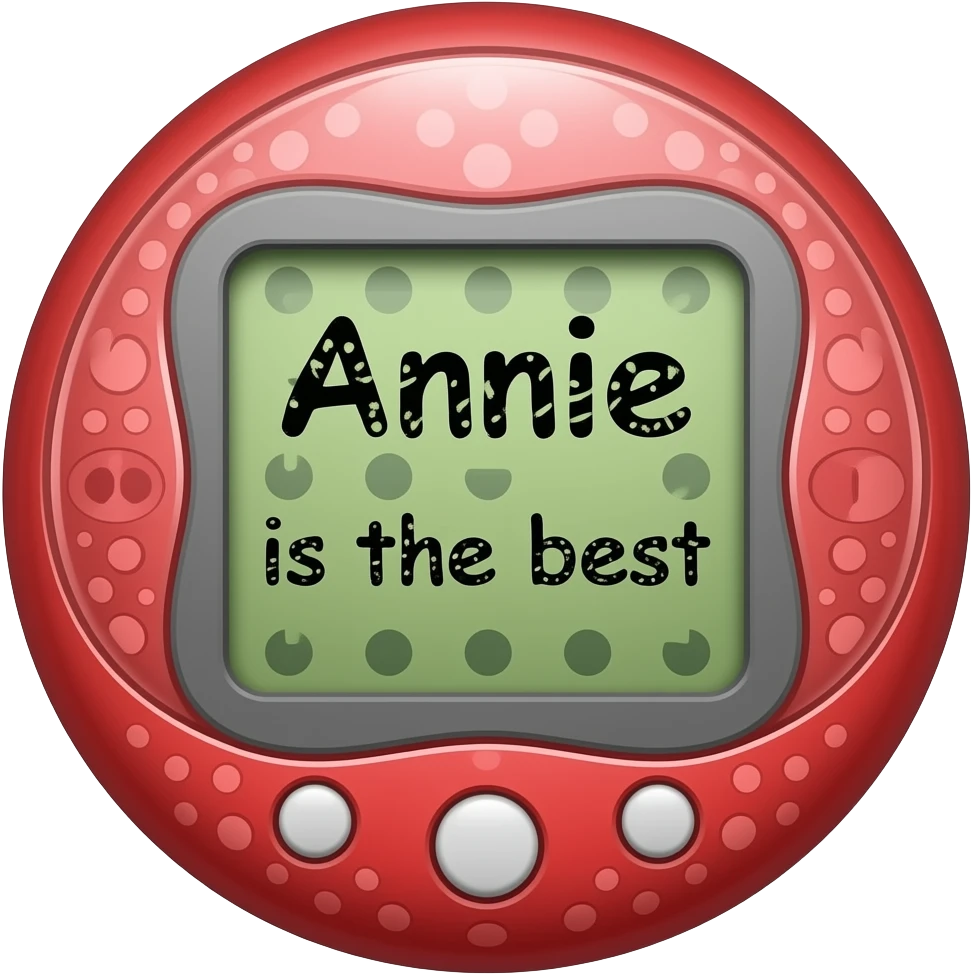 light red tamagotchi with pattern outside that says Annie is the best on the screen in black letters and no words on the outside top part emoji
