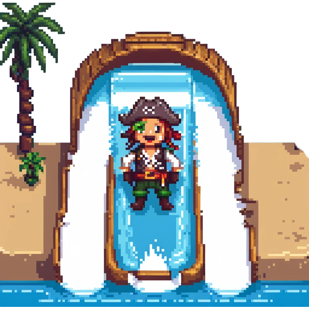 a pirate sliding down a water slide, energetic and fun, pixel art style emoji