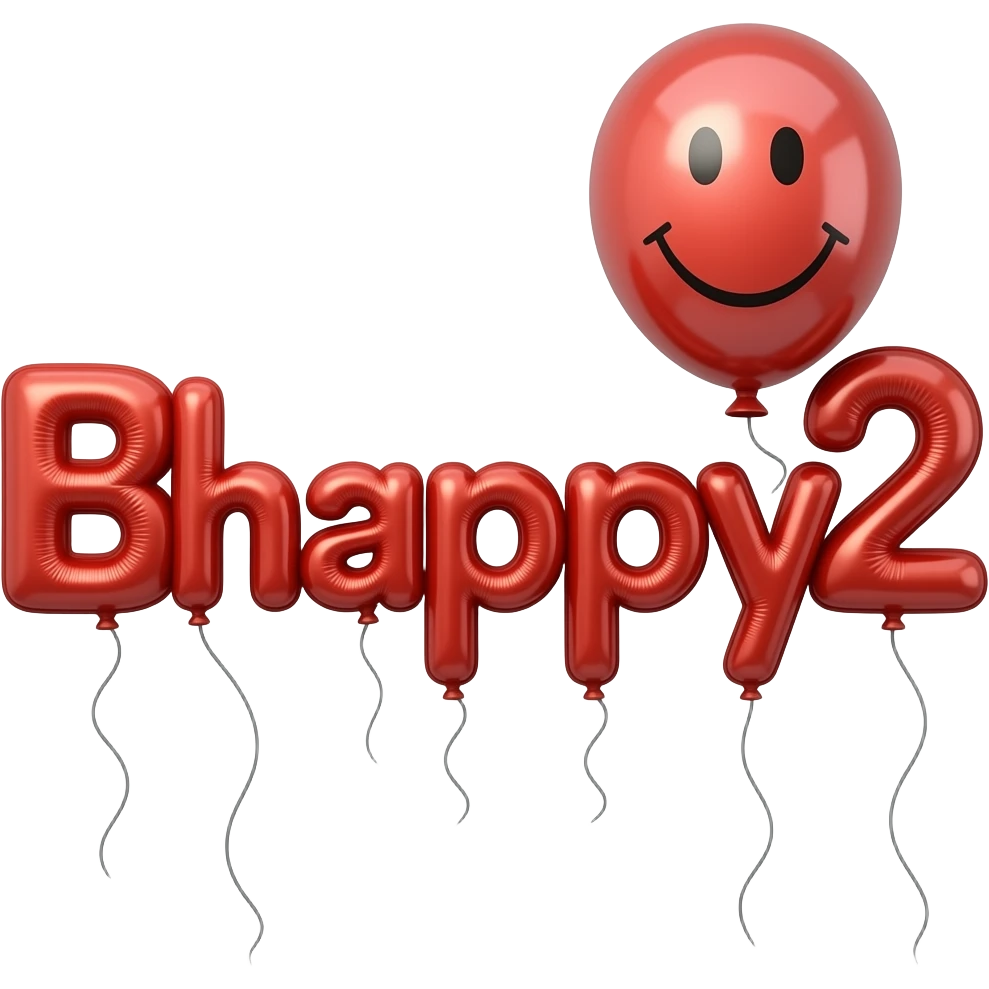 Red balloons that spell out Bhappy2 with smiley face emoji