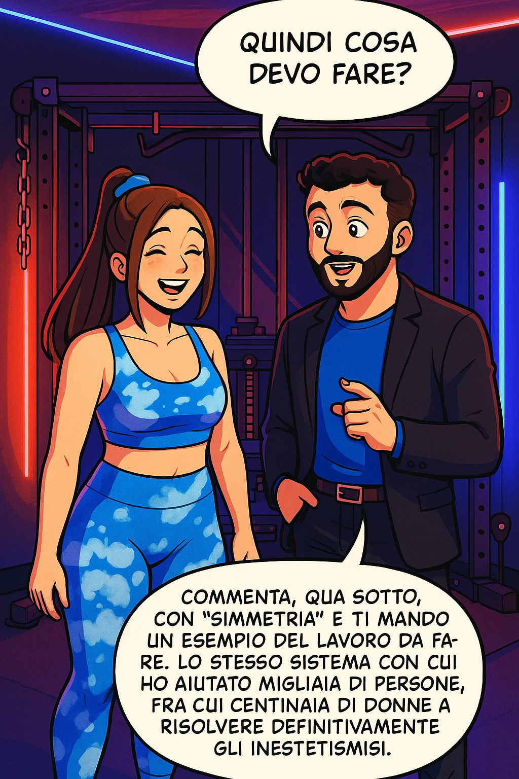 TRASFORMA QUESTO CAROSELLO IN UN FUMETTO STILE WEBTOON/MANGA A COLORI CON QUESTE DUE PERSONE IDENTICHE CHE INTERLOQUISCONO TRA LORO, LA DONNA SEMBRA SOLLEVATA/SODDISFATTA E CONTENTA:

LEI (DONNA): Quindi cosa devo fare?
LUI (UOMO): Commenta, qua sotto, con “simmetria” e ti mando un esempio del lavoro da fare. Lo stesso sistema con cui ho aiutato migliaia di persone, fra cui centinaia di donne a risolvere definitivamente gli inestetismi. emoji