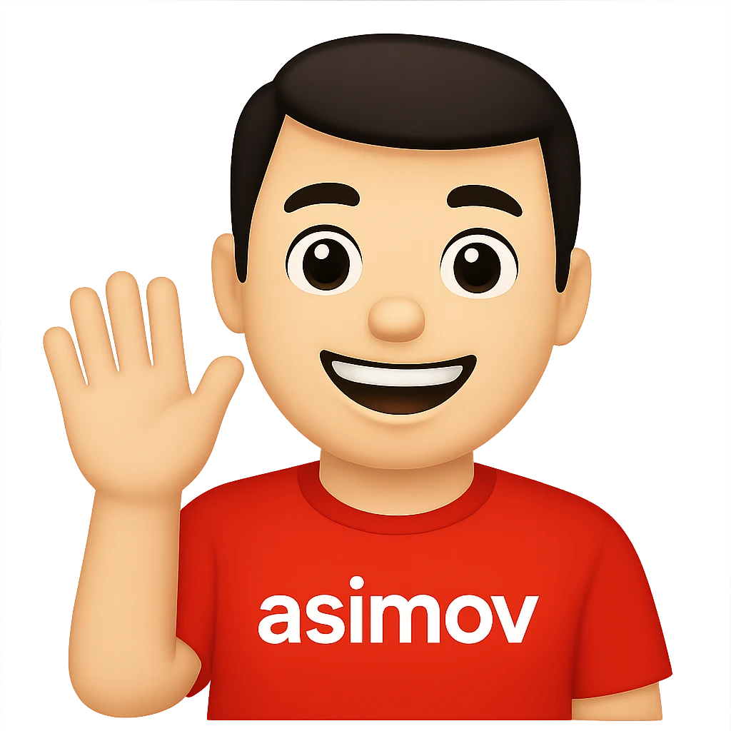 Convert the image of an office worker wearing a red 'asimov' t-shirt saying hello into a simple and expressive apple style emoji with a transparent background. Focus on capturing the essence of the office worker and the red 'asimov' t-shirt in the emoji style. emoji