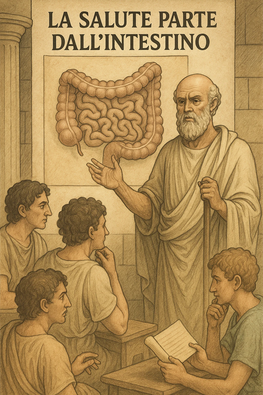 Vertical format: Hippocrates explaining to a group of students, background with a large drawing of a healthy intestine, teaching atmosphere, Italian text: 'La salute parte dall’intestino.' emoji