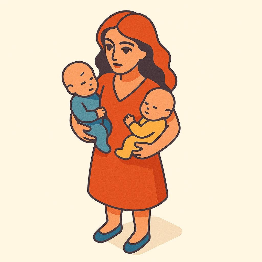 A woman with long wavy hair, large expressive eyes and lips, standing and holding two babies, with soft shadows and highlights, in 2D isometric illustration style, inspired by the reference image. emoji