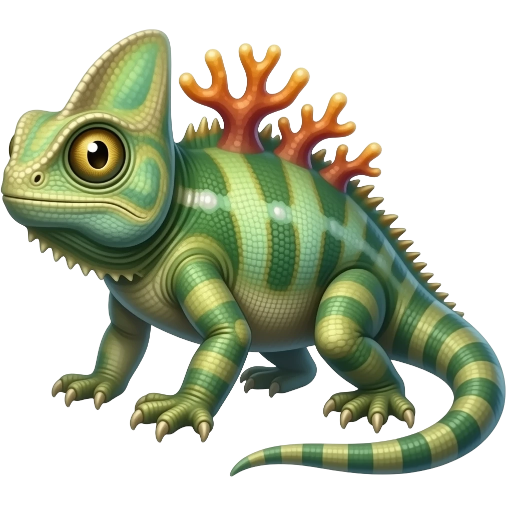 Coralisk A basilisk-like reef guardian with coral growths along its back and pearl-like eyes. It can shape hard coral barriers to defend its territory. emoji