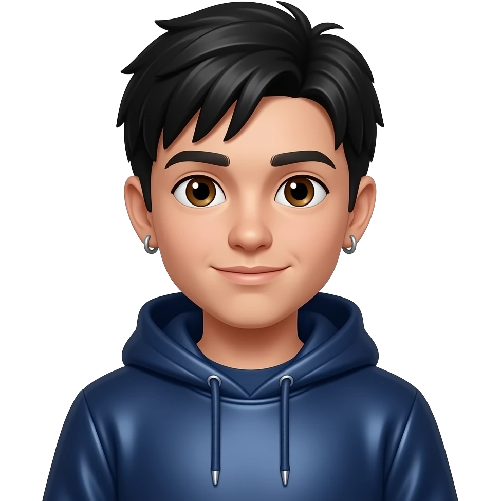 Jay from Kubz Scouts with brown eyes, black hair, dark indigo metallic sweatshirt, short earrings emoji
