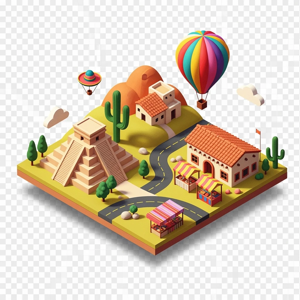 Isometric minimalistic illustration of Mexico subtle 3D miniature effect and Tilt Shift effect, no cartoonish look, transparent background. emoji