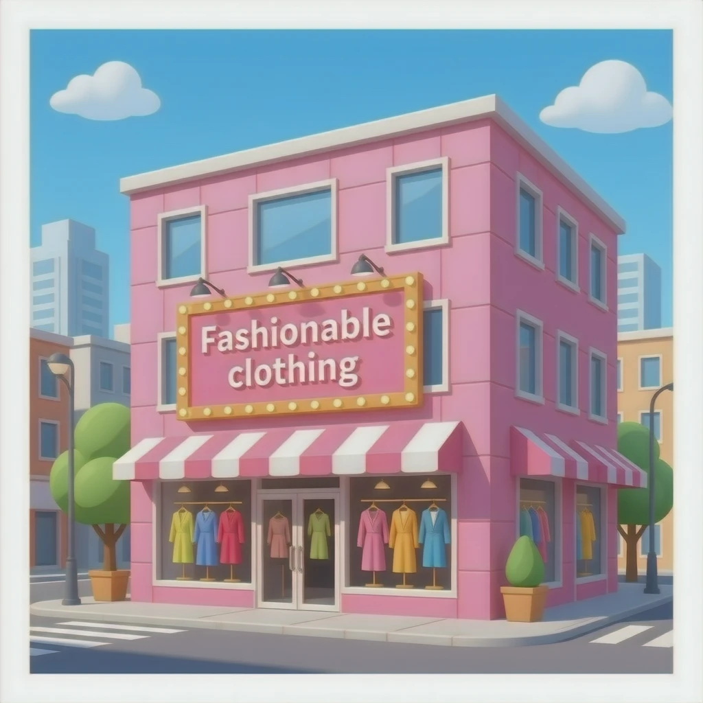 A modern pink clothing building with a stylish illuminated sign hanging on the front that reads “Fashionable clothing” emoji