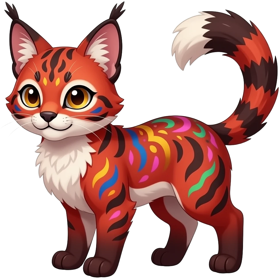 Vibrant-colored red-dark-brownish-furred colorful painted marked patterned Asian glorious divine exotic cute cool beautiful shiny beautiful fantasy-caracal-civet-genet-sergal-vernid-Cacomistle-oncilla-animal-Fakémon-hybrid-fursona (full body) emoji