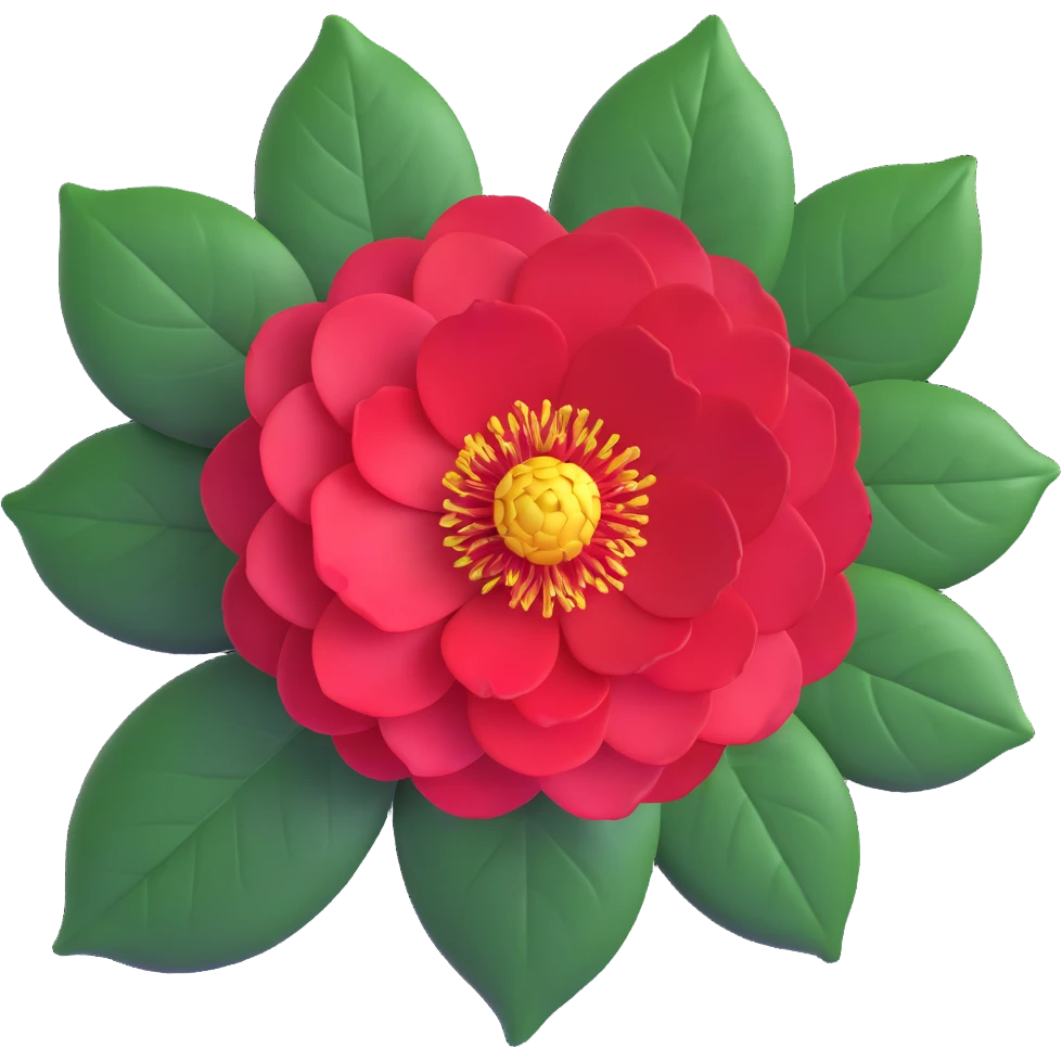 Detailed camellia japonica (tsubaki) flower with rich red formal double form petals, yellow stamens and shiny evergreen leaves emoji