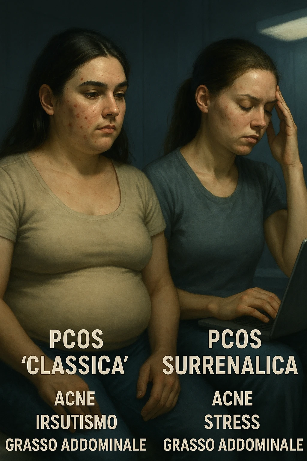 Illustrazione verticale realistica in italiano: a sinistra donna con PCOS classica, a destra donna con PCOS surrenalica, con differenze visibili nei sintomi come acne, irsutismo, stress, distribuzione del grasso. Atmosfera clinica con luci drammatiche. Didascalie in italiano. Aspect ratio 2:3. emoji