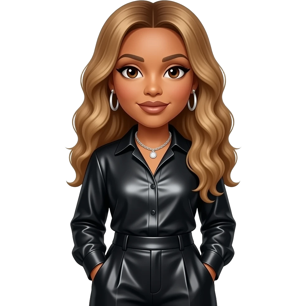 Queen Latifah with dark brown eyes, long golden brown hair, black metallic shirt, black metallic wide leg pants, silver necklace and earrings emoji