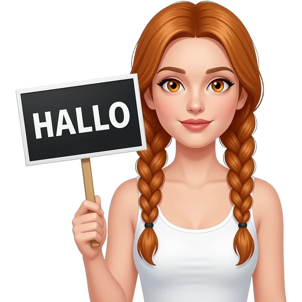 sexy girl with long ginger braids and ginger eyes wearing a white tanktop is holding a black sign with HALLO written on it emoji