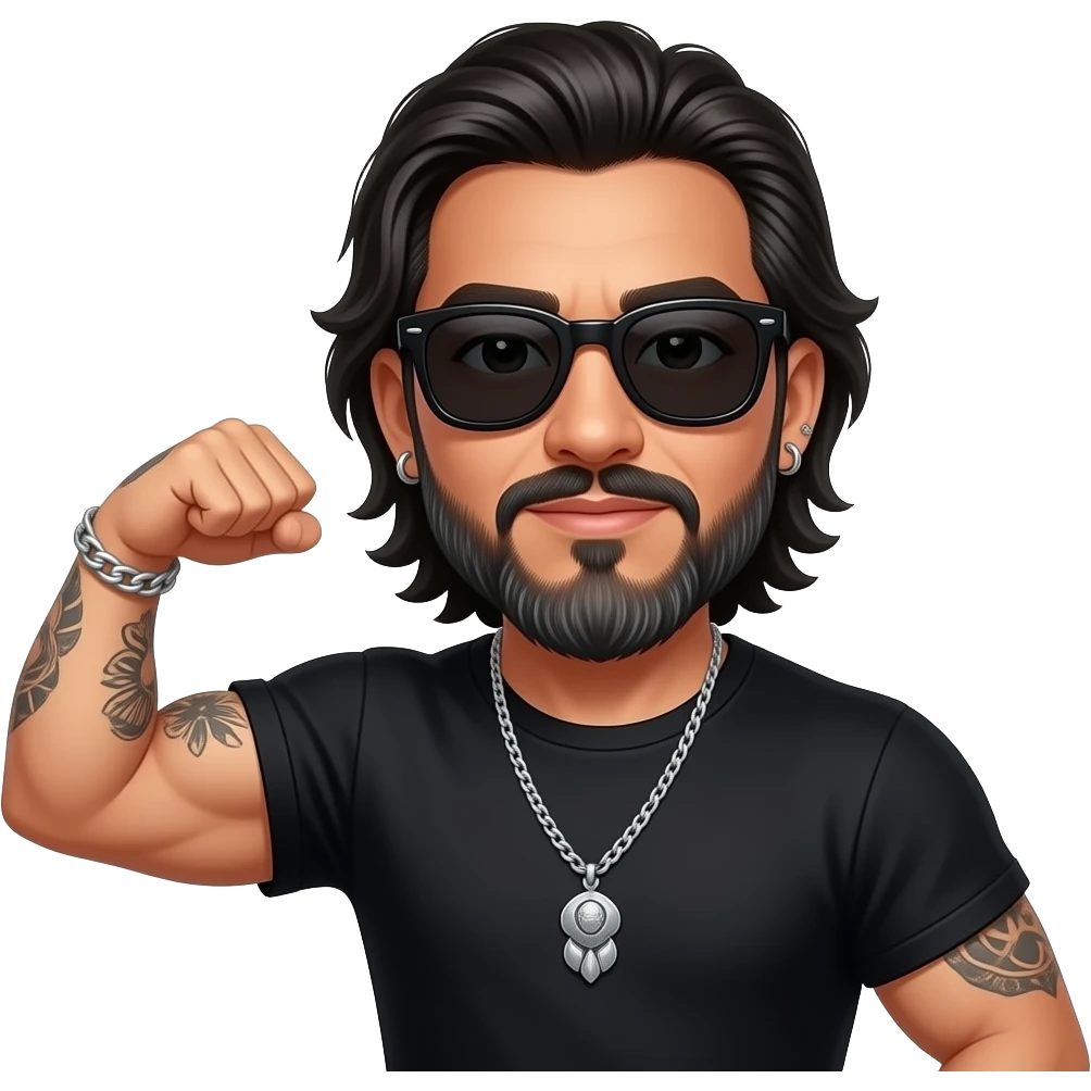handsome, manly Latino podcast host with black colored eyes wearing black with silver jewelry, with medium length hair, a very long, lightly graying beard and tattoos, his ear pierced and right nostril as well, dark sunglasses. Flexes muscles emoji