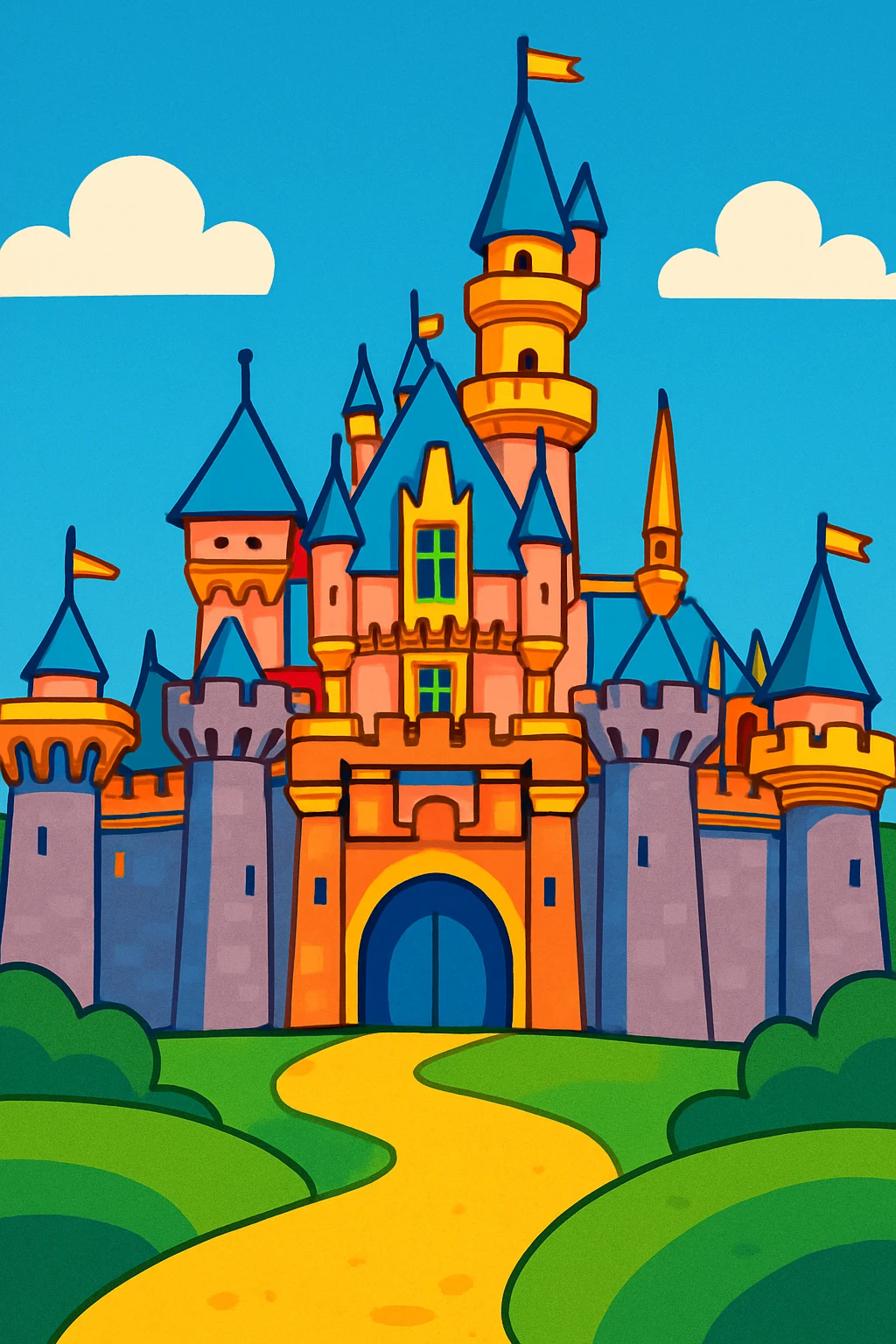 Disneyland castle, vibrant toon style, bold colors, playful, cartoonish emoji