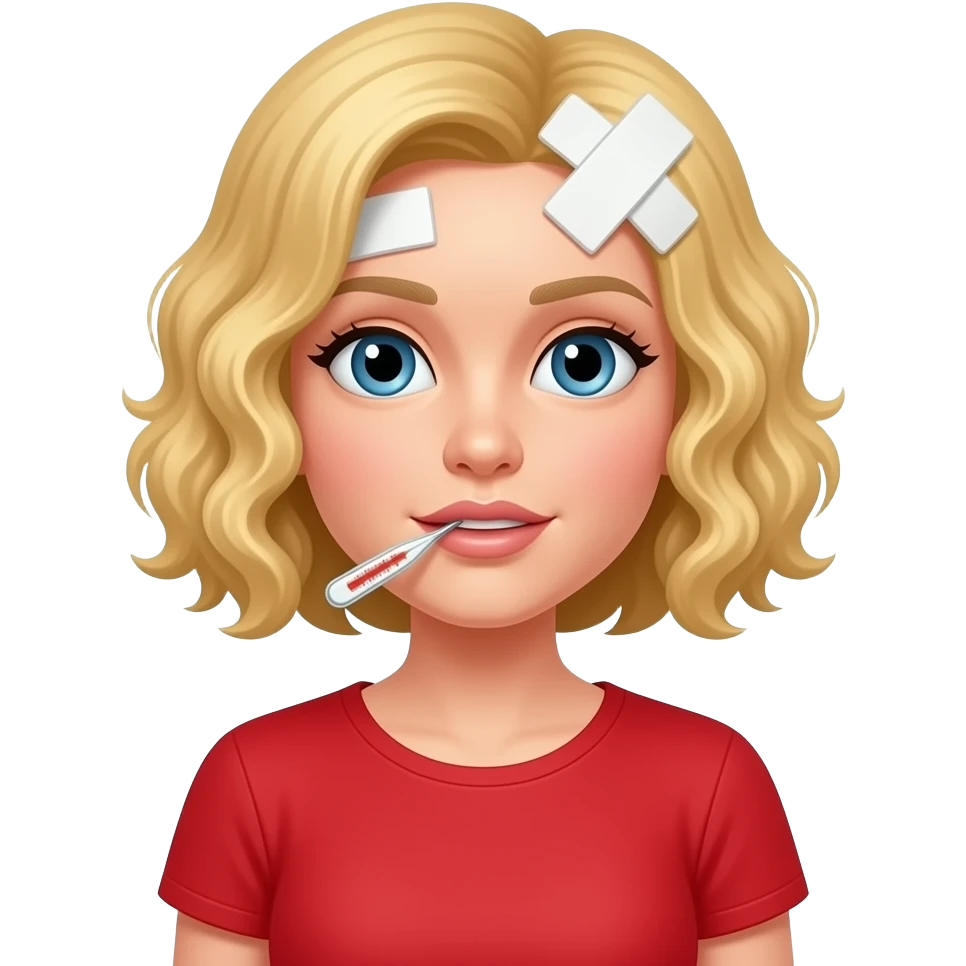 blonde tight curly bob with a bandage on head and thermometer in mouth in a red short sleeve shirt emoji