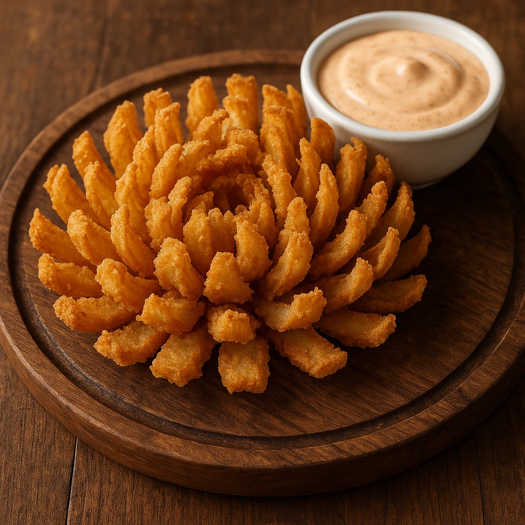 a restaurant-style awesome blossom, crispy fried onion petals arranged in a circular bloom, with a side of dipping sauce, visually appealing and delicious emoji