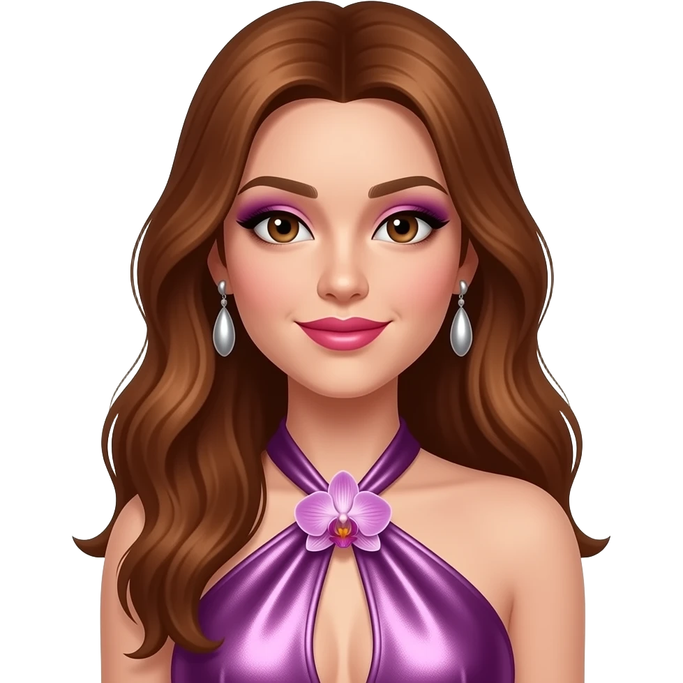 Stefanie Ridel from Wild Orchid with brown eyes, long reddish brown hair, orchid eyeshadow, hot pink lipstick, orchid metallic halter dress, silver earrings emoji
