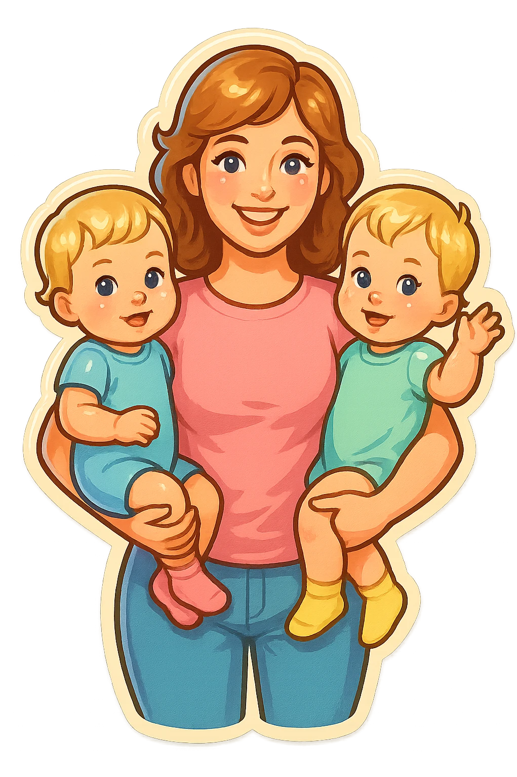 one-year-old twin girls with short light blonde hair sitting on mom's arms, all in pastel cute clothing, retro stickers style, soft shadows and highlights, several new variations emoji