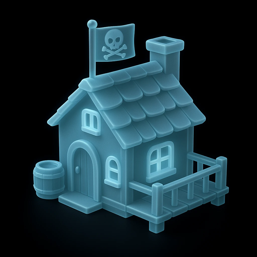 old pirate's house with skull flag emoji