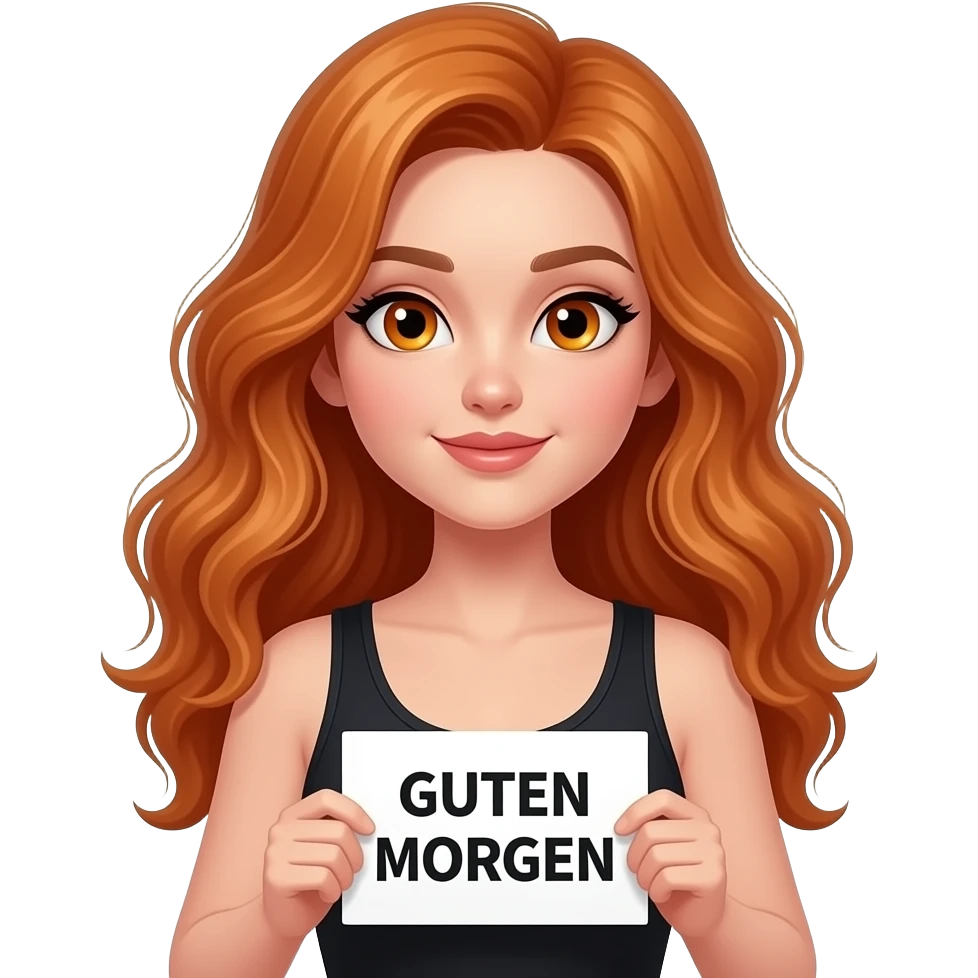 sexy girl with long wavy ginger hair and ginger eyes wearing a black tanktop is holding a white colored sign with GUTEN MORGEN written on it emoji