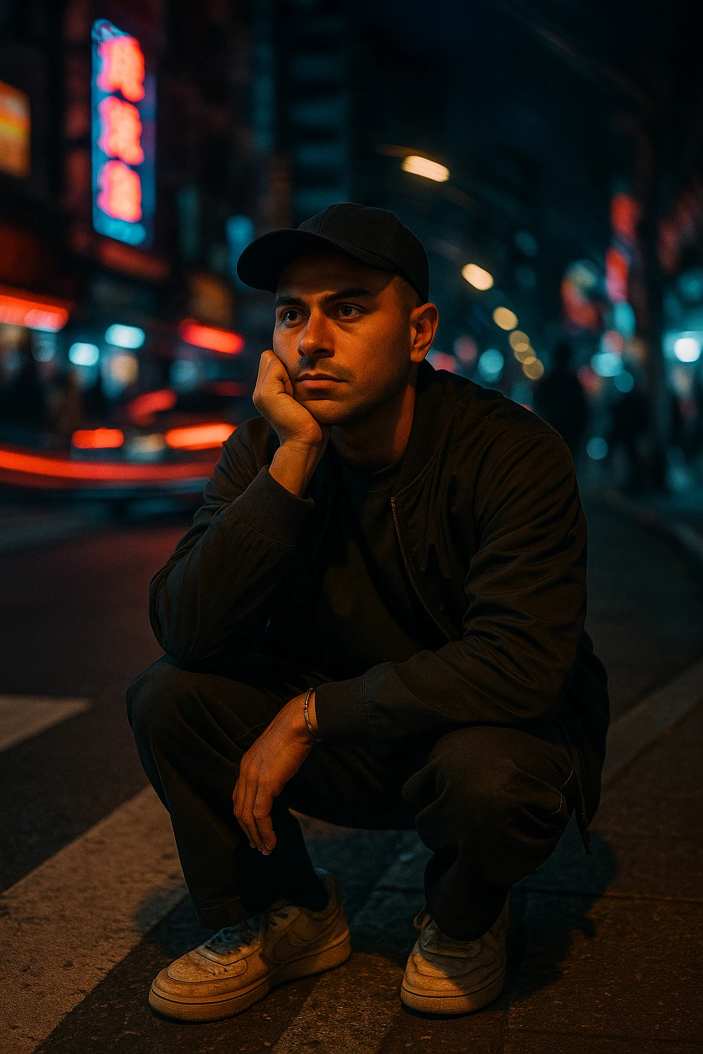 A cinematic night photo of a Southeast Asian man in his early 30s, with a medium tan (sawo matang) skin tone, sitting on the edge of a city sidewalk at night. He is wearing casual streetwear: a dark bomber jacket over a plain oversized T-shirt, loose-fit cargo pants, and worn-in sneakers. A black baseball cap is worn forward, slightly tilted. He sits with one knee up, resting one arm casually across it while the other hand props up his head — his chin resting on his knuckles, as he stares blankly toward the street ahead, deep in thought or zoning out.
The urban background is chaotic and colorful — glowing neon signs, streaks of red and blue light from passing cars, blurred silhouettes of pedestrians. A spiral or radial motion blur effect surrounds the background, emphasizing the stillness of the subject amidst the fast-moving city life.
Cinematic lighting highlights his face softly, with a warm glow on his skin while the surroundings remain moody and dark. The scene has a raw, introspective feel — like a frame from a neo-noir urban film. The ground beneath him is gritty and textured, the crosswalk lines and asphalt adding realism to the scene. emoji
