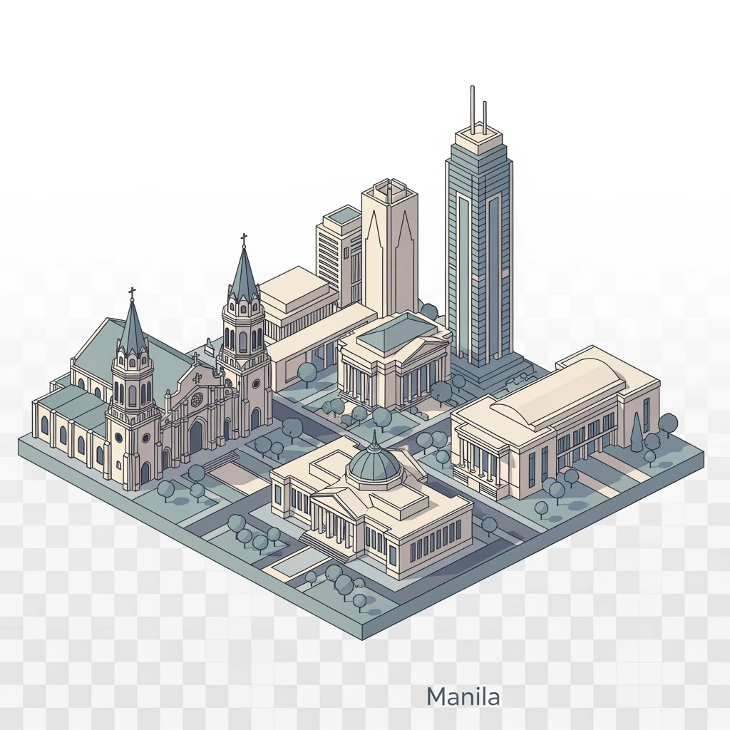 Isometric minimalistic illustration of Manila, subtle 3D miniature effect and Tilt Shift effect, no cartoonish look, transparent background. emoji