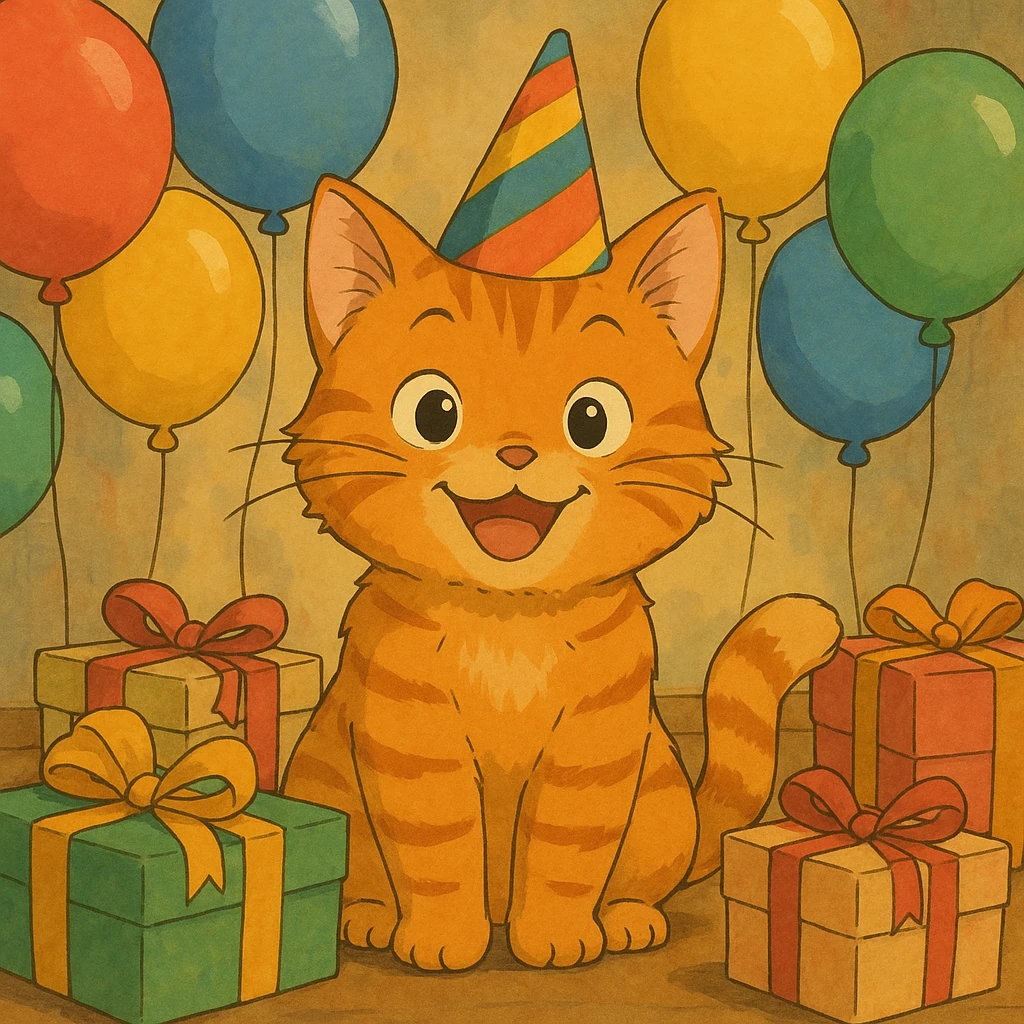 ginger tabby kitten wearing a birthday hat, surrounded by balloons and gifts, smiling, ghibli style birthday scene emoji