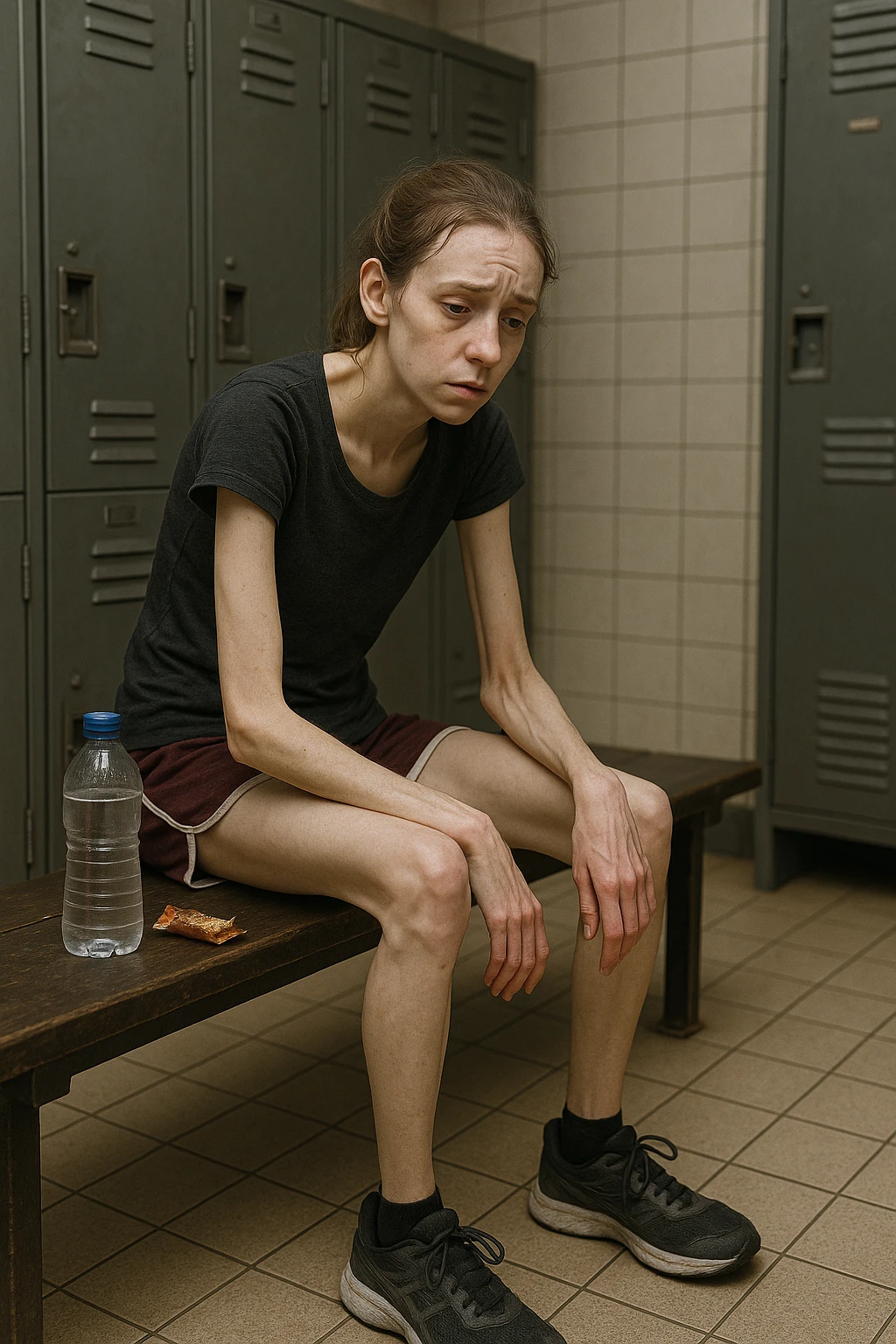 3D rendered scene: a woman in her 20s wearing running clothes sits on a bench in a locker room, looking exhausted and weak. Her face shows signs of fatigue, and her limbs appear thin and lacking muscle tone. A water bottle and a small, half-eaten snack are beside her, hinting at insufficient nutrition. The environment is realistic, with a focus on her physical and emotional state. emoji