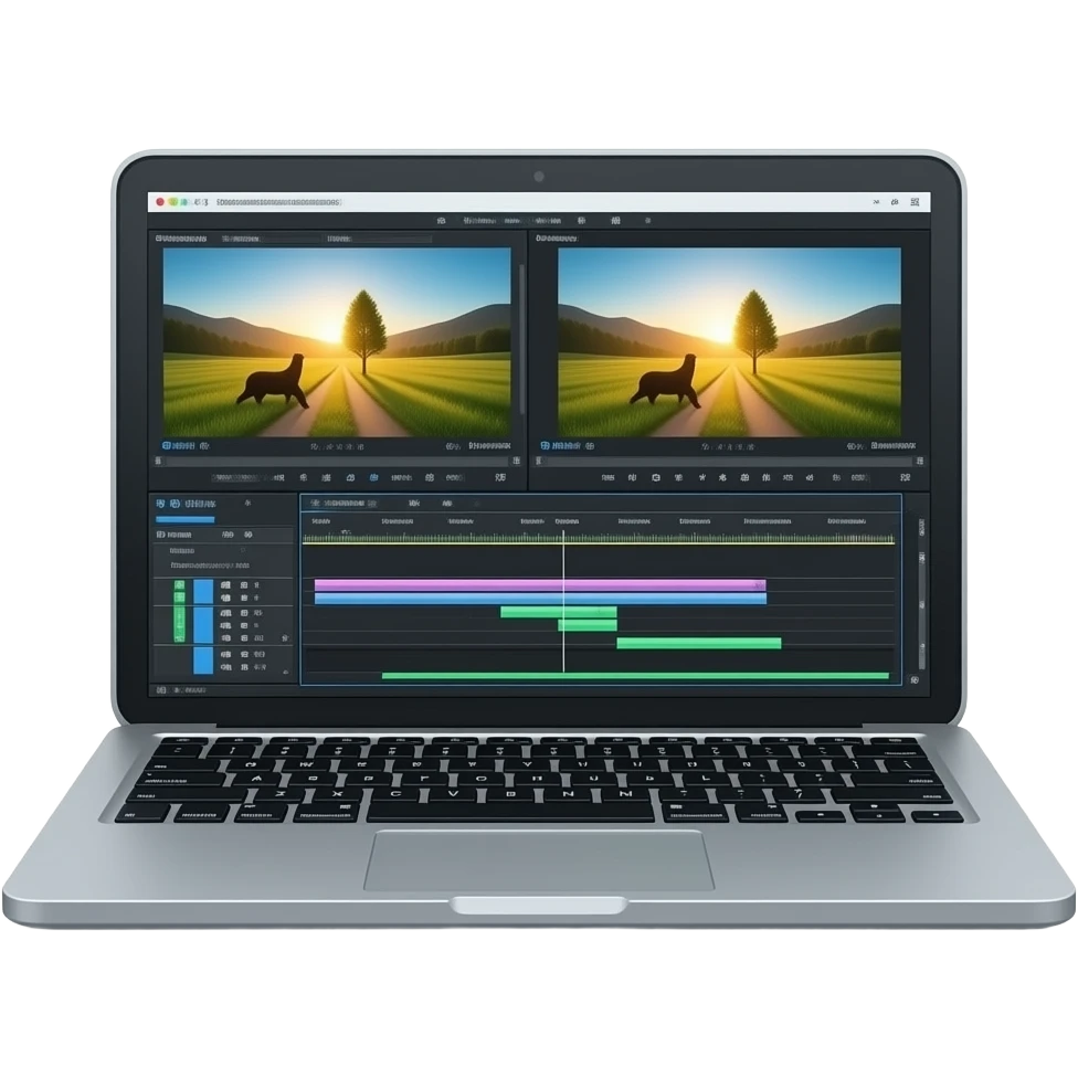Emoji of a laptop with video editing software on screen, timeline and clips visible, ultra detailed, sharp, glowing, modern, vibrant colors emoji