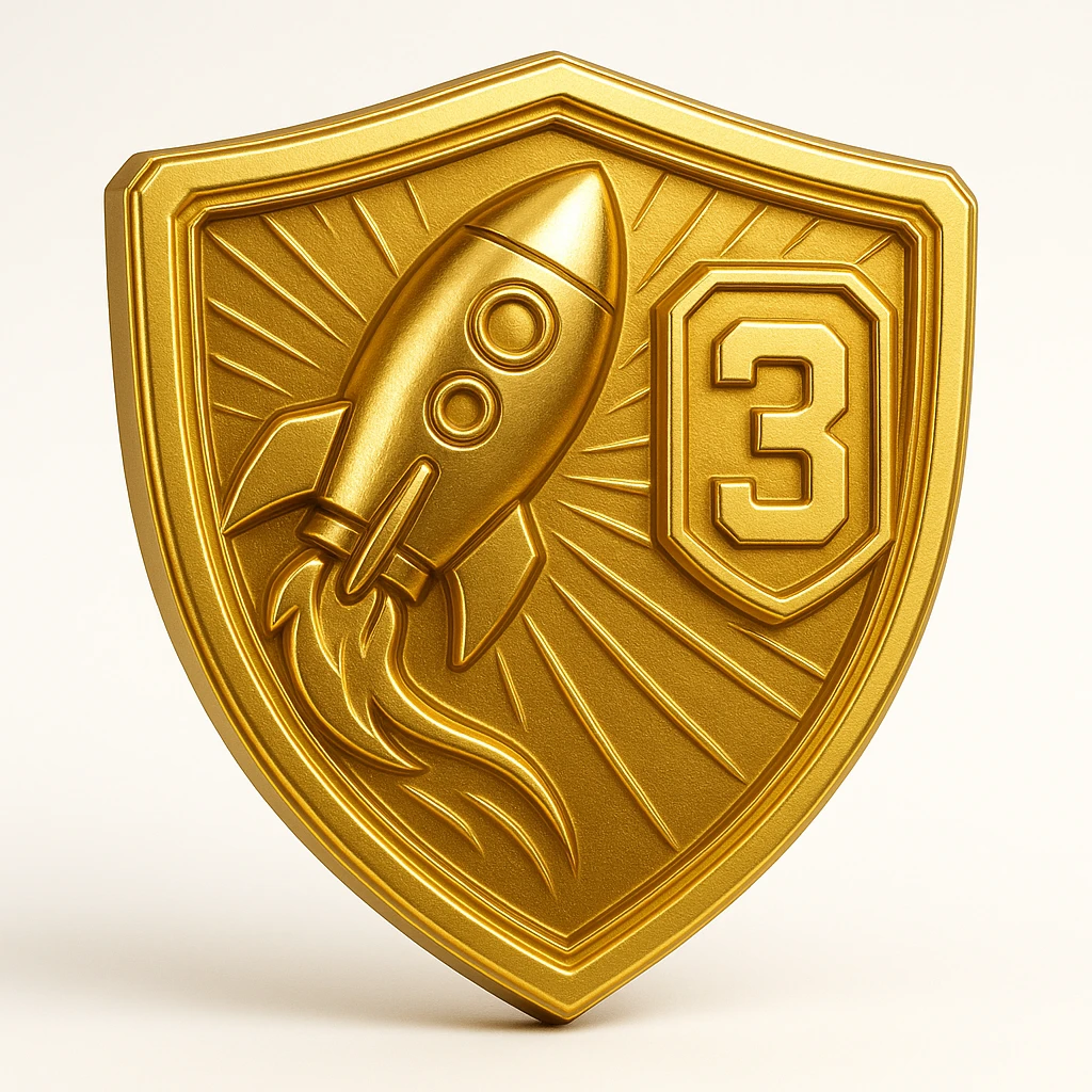 stylized golden shield with a rocket and the number 3, echoing Rocket League rank icons, vibrant and energetic gaming style emoji