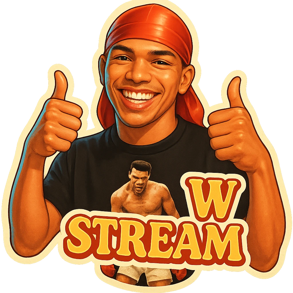 Make him Smiling With 2 thumbs up
Change His durag To Red
Add the words W Stream emoji