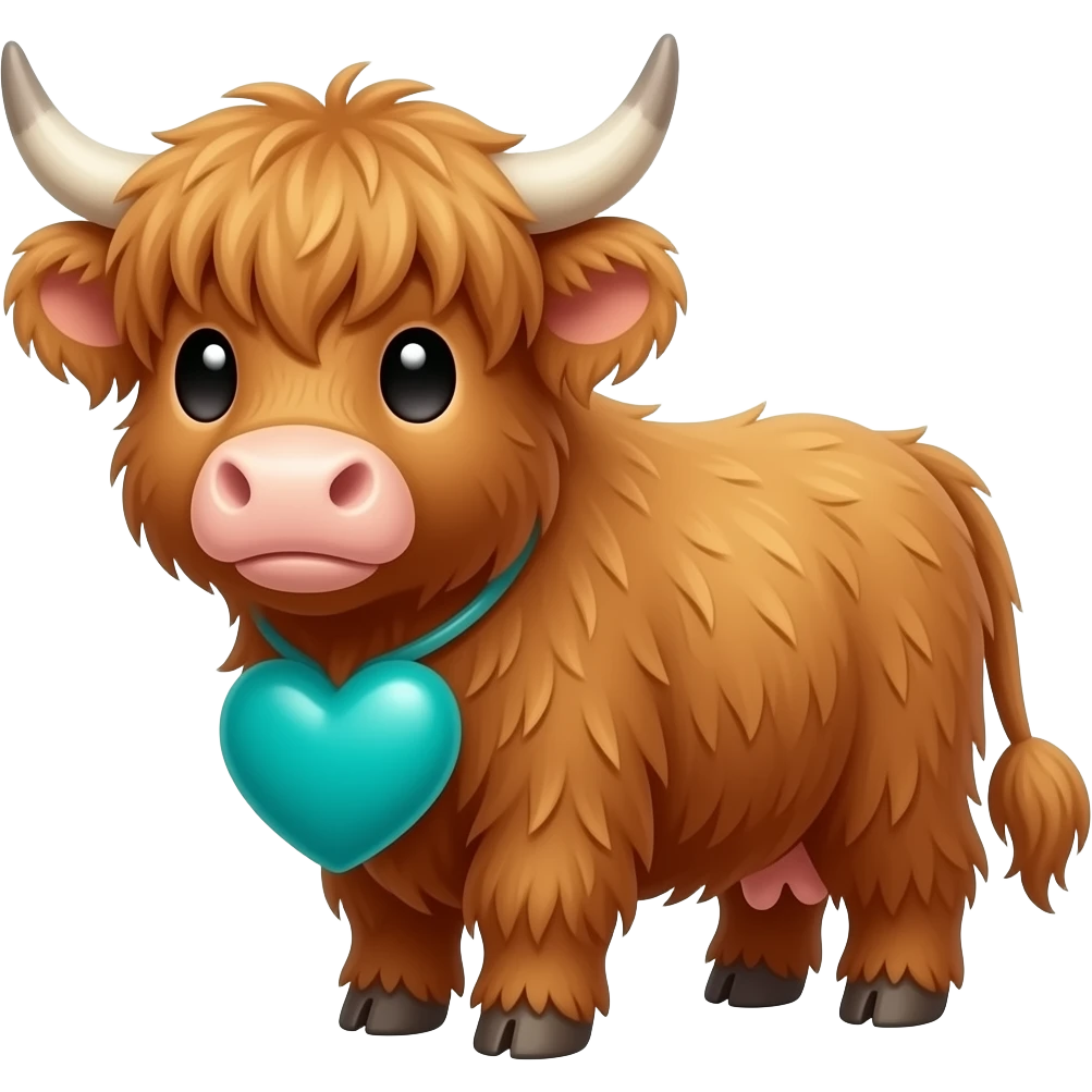 Very tiny tiny  small brown Cute highland cow Big Big teal heart emoji