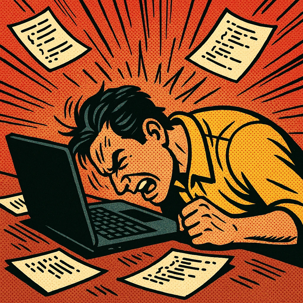 frustrated developer at work banging head on keyboard exaggerated comic style scattered code papers dramatic lines emoji