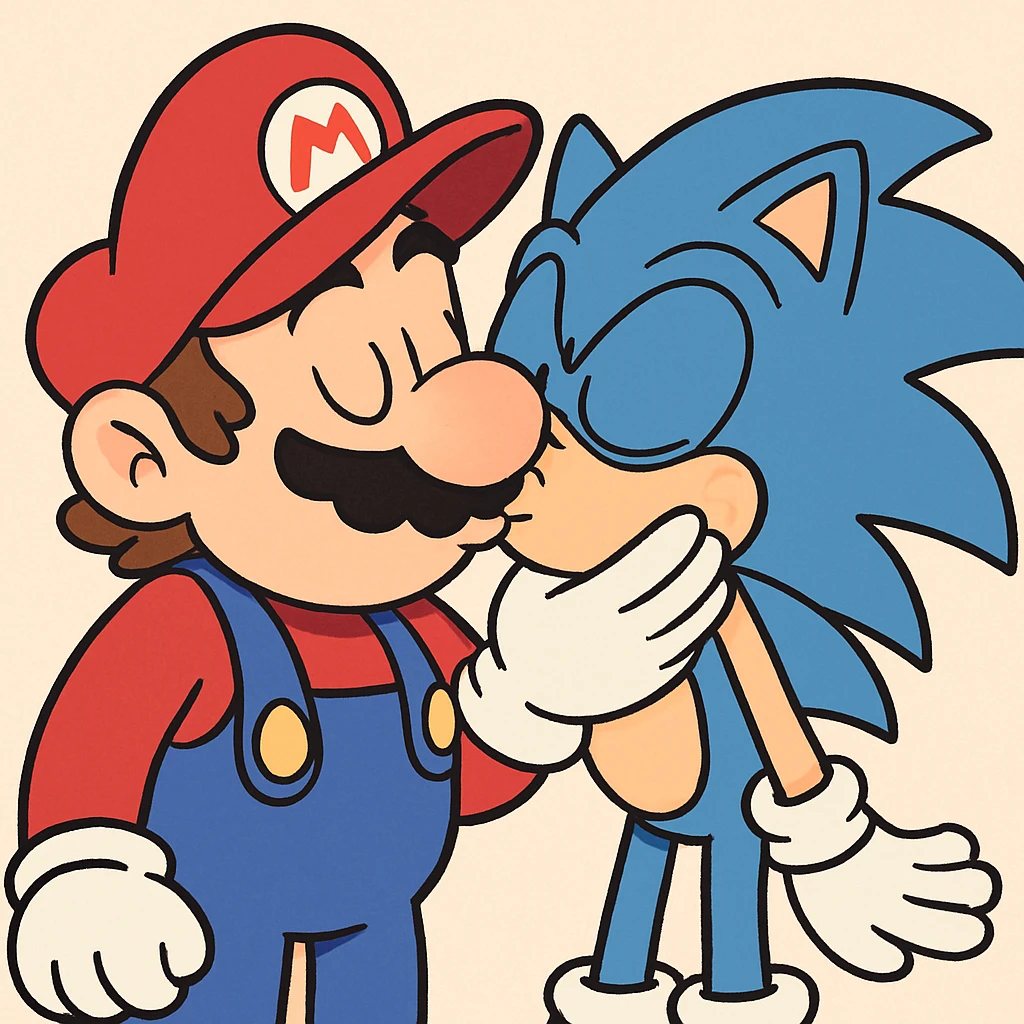 Mario and Sonic sharing a kiss, playful and cute, both characters recognizable, vibrant colors, cartoon style emoji
