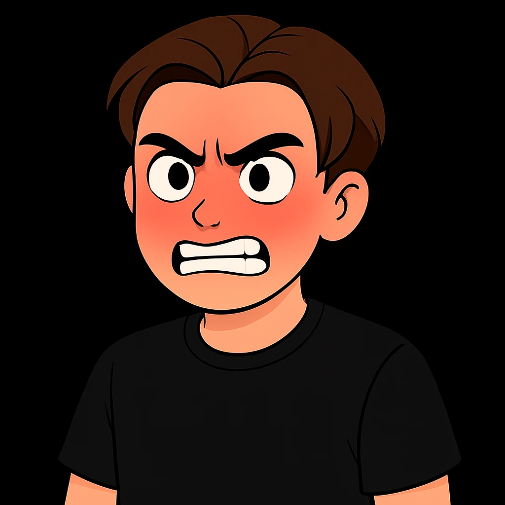 Edit the image of the boy to show him angry with a slightly reddened face, wearing a black shirt. Keep the face and style as in the original image. emoji