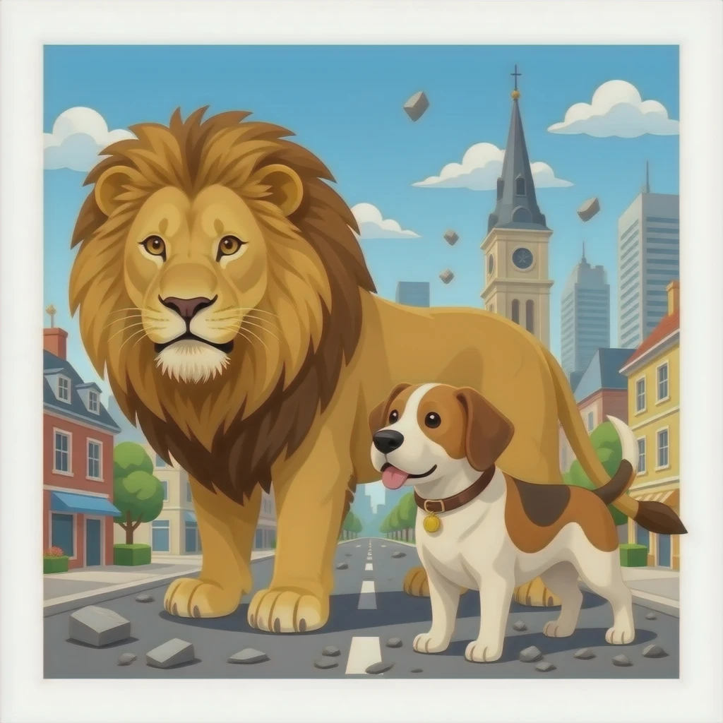 quiero que en un pueblo un leon y un perro esten destrozando el pueblo  pero que no esten las personas pero que esten destrozandolo entero emoji
