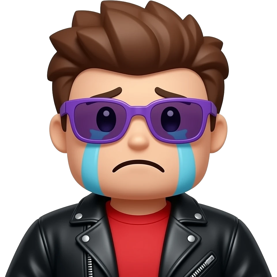 Crying Roblox boy avatar emoji, brown hair, purple sunglasses, black leather jacket, red shirt with... emoji