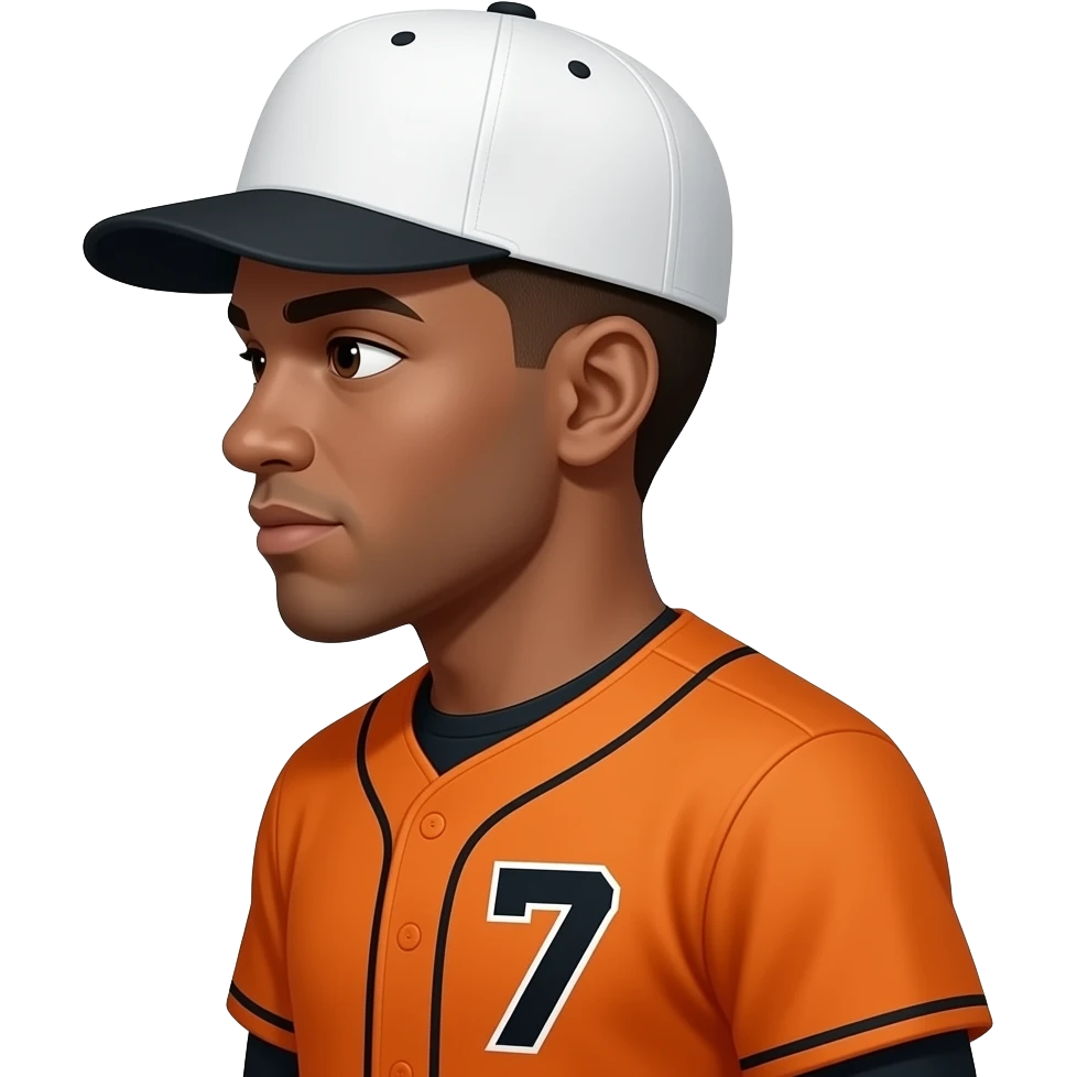 Make a baseball player with the colors, orange and black wearing the number seven with a dark brown low taper fade with a white hat fully turned around so I can only see their higher half make their skin color tan, and have them turn around emoji
